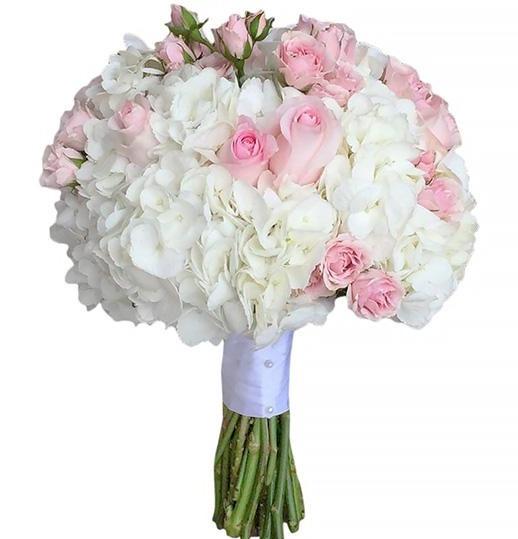 White Hydrangea with Pink Roses Wedding Bouquet - Florist London
