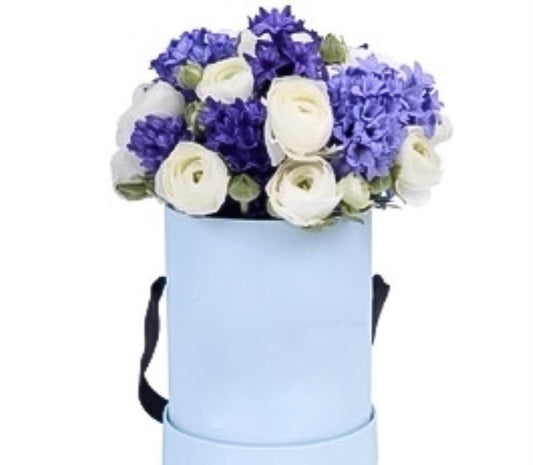 White Ranunculus with Blue Hyacinths