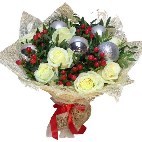 White Roses and Red Berry Christmas Bouquet - Florist London