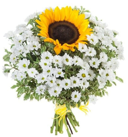 White Santini Chrysanthemum and Sunflowers Bouquet