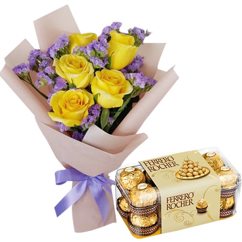 Yellow Roses with Limonium and Ferrero Rocher